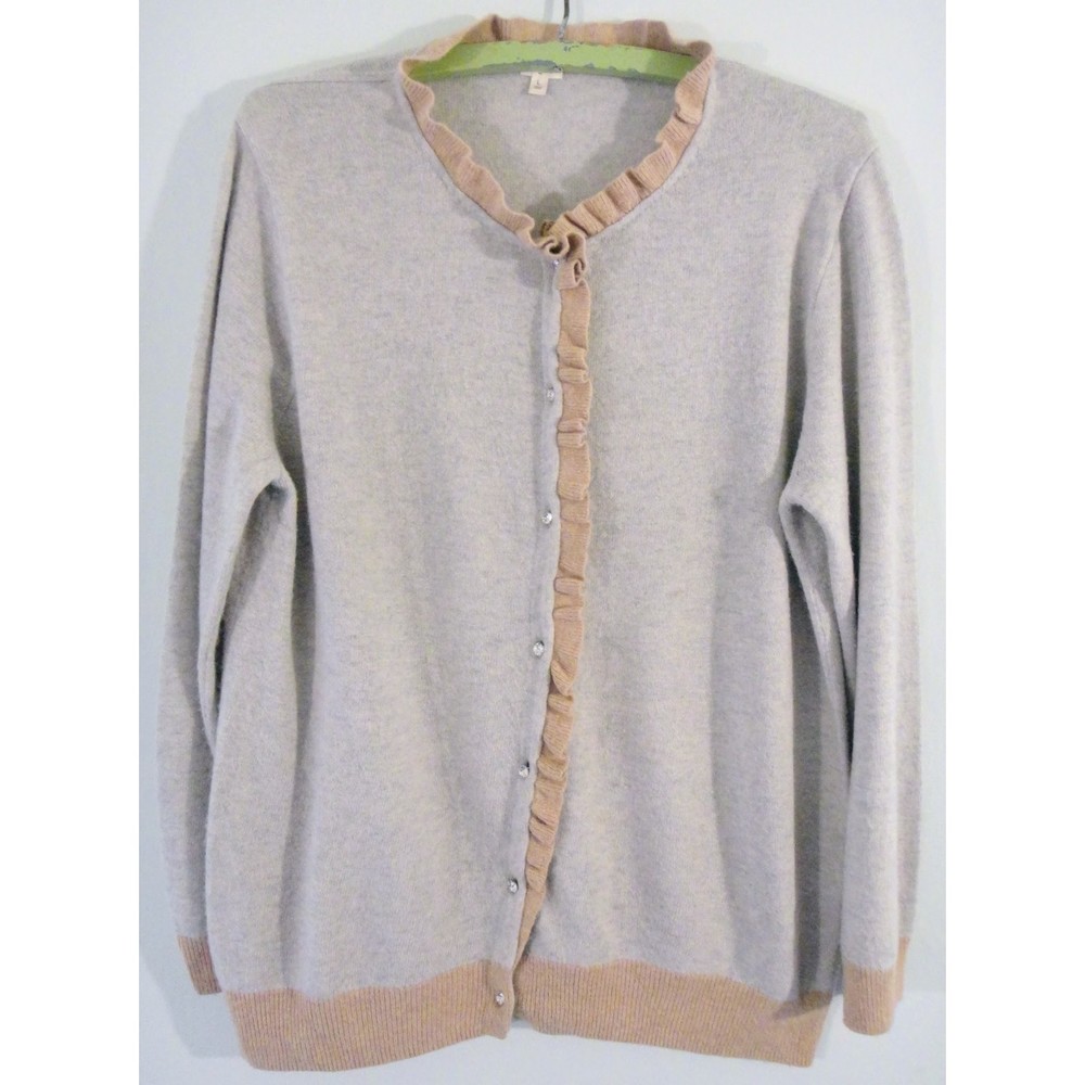 J CREW CASHMERE BLEND CARDIGAN W RHINESTONE BUTTONS, GRAY/BEIGE, SIZE L